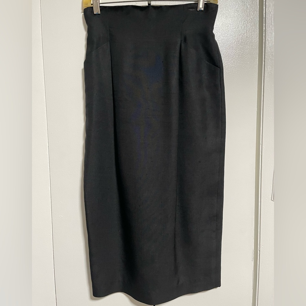 Vintage 70s Paul Alexander Black Linen Pencil Skirt WITH POCKETS for Women